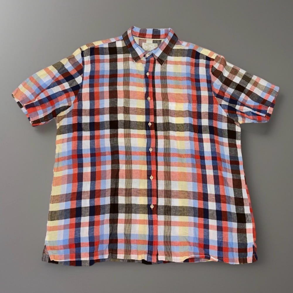 Tasso Elba Plaid Linen Cotton Blend Short Sleeve Button Front Shirt Men Size XL